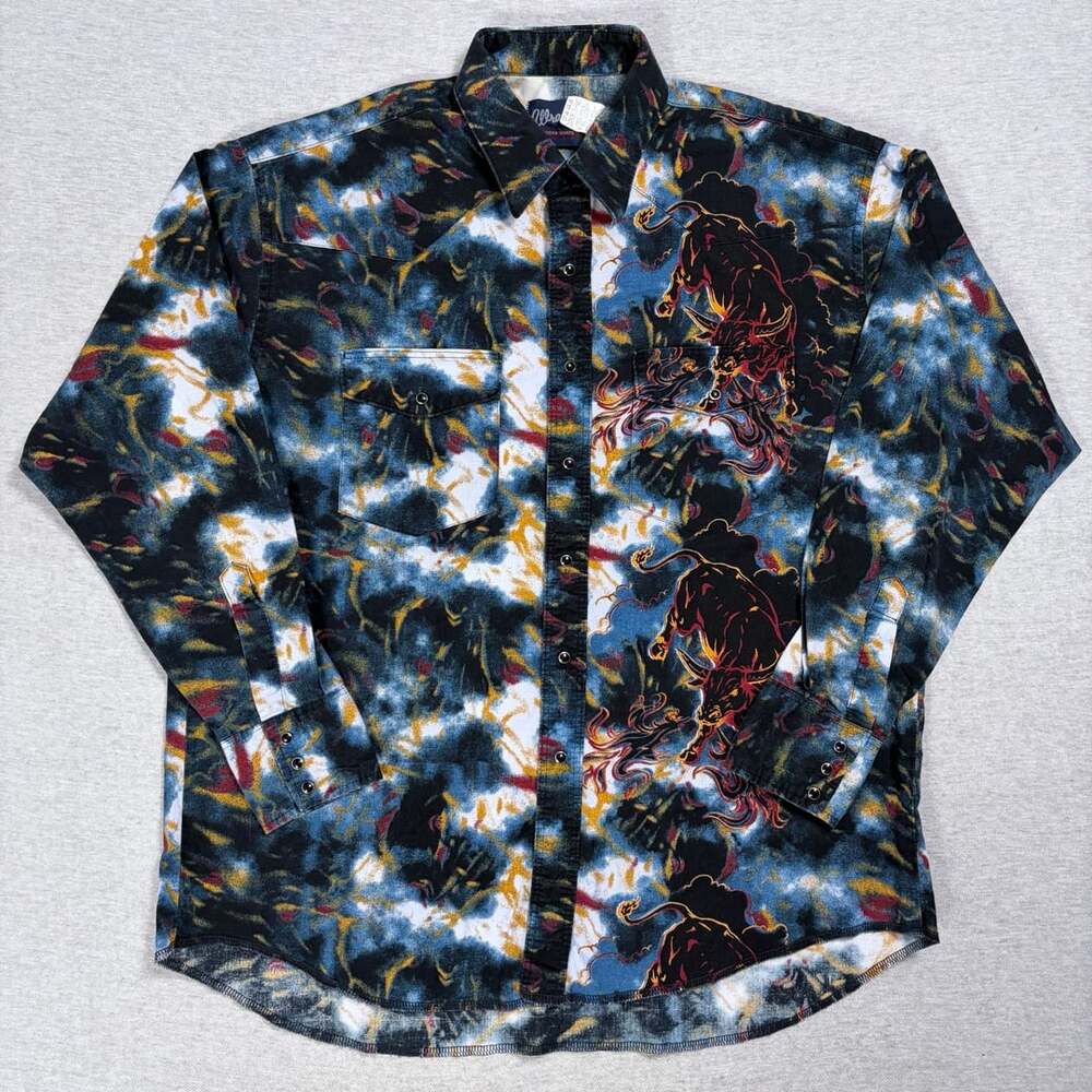 Wrangler Western Shirt Size XL Blue Black Red Bull Print 1990s